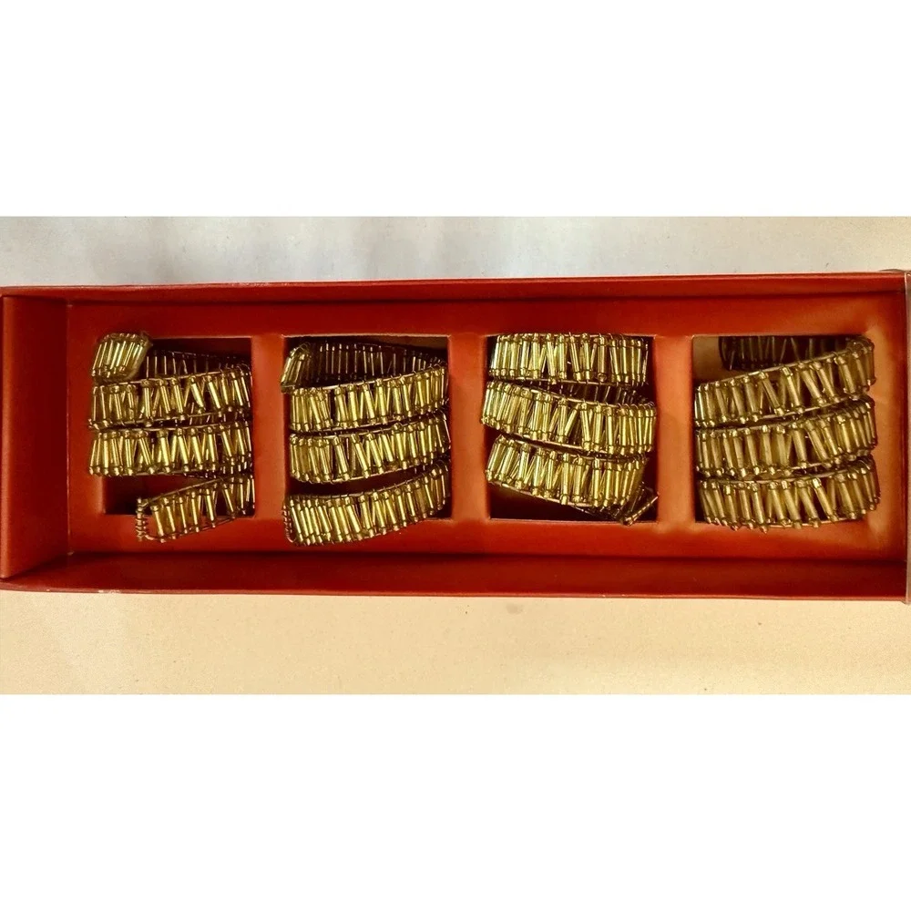 Vintage Pier 1 Gold Beaded Spiral Napkin Rings Ring Set of 4 NOS